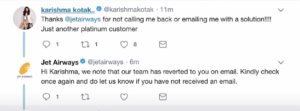 jet airways responses to their customer feedback(online reputation management)